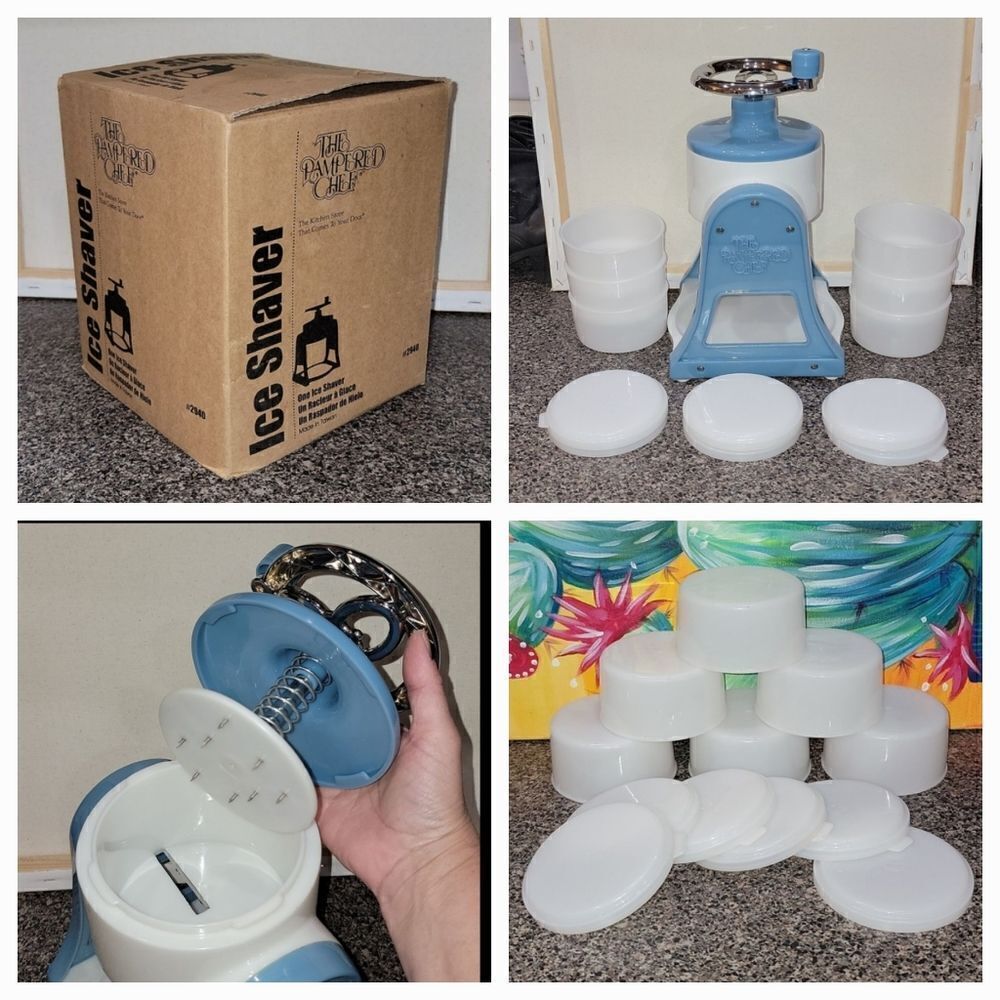 Pampered Chef Ice Shaver / Snow Cone Maker In Box Plus 6 Cups & Lids ~ Like New